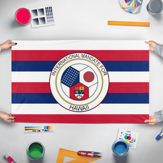 A mockup of the custom flag 'Hawaii Flag' held up on a table during print checking