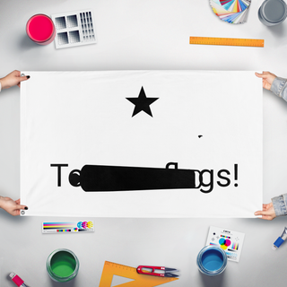 A mockup of the custom flag 'h flag' held up on a table during print checking
