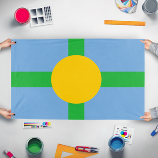 A mockup of the custom flag 'PRB flag' held up on a table during print checking