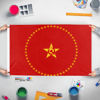 A mockup of the custom flag 'Flag of CLA' held up on a table during print checking