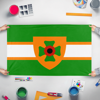 A mockup of the custom flag 'The ANZAC Empire flag' held up on a table during print checking