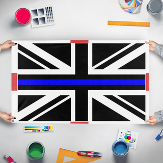 A mockup of the custom flag 'TBL flag' held up on a table during print checking