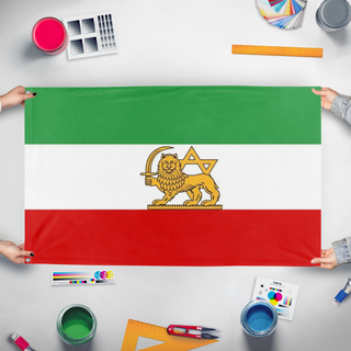 A mockup of the custom flag 'Flag of the Jewish people of Iran' held up on a table during print checking