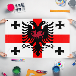 A mockup of the custom flag 'Chungis flag' held up on a table during print checking