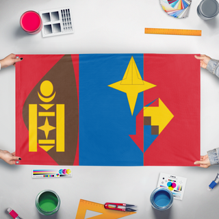 A mockup of the custom flag '. flag' held up on a table during print checking