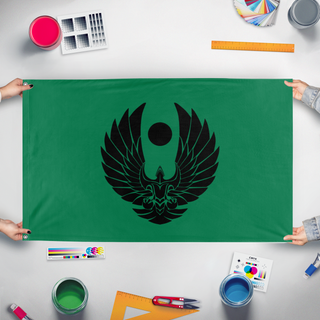A mockup of the custom flag 'Romulan Star Empire flag' held up on a table during print checking