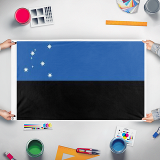 A mockup of the custom flag 'Kingdom of Aquila flag' held up on a table during print checking