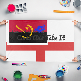 A mockup of the custom flag 'test flag' held up on a table during print checking