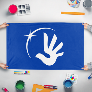 A mockup of the custom flag 'Flag of the Earth and Humanity' held up on a table during print checking