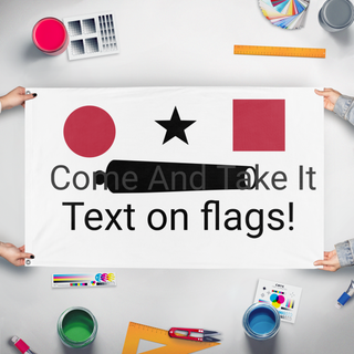 A mockup of the custom flag 'test flag' held up on a table during print checking