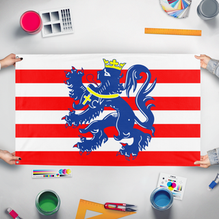 A mockup of the custom flag 'Flag of Bruges' held up on a table during print checking