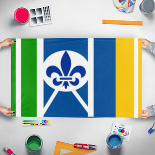 A mockup of the custom flag 'Wisconsin flag redesign' held up on a table during print checking
