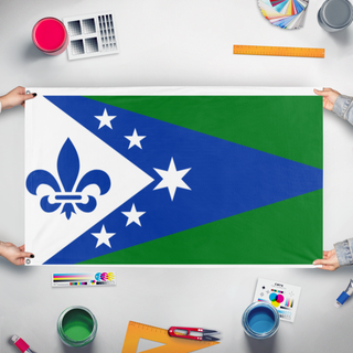 A mockup of the custom flag 'Michigan state redesign   flag' held up on a table during print checking