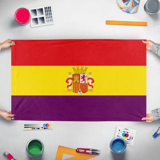 A mockup of the custom flag 'Second Spanish Republic flag' held up on a table during print checking