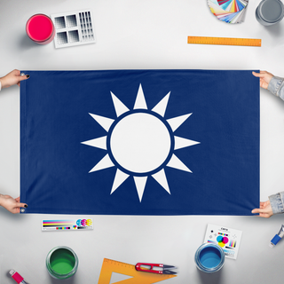 A mockup of the custom flag 'Kuomintang Party' held up on a table during print checking
