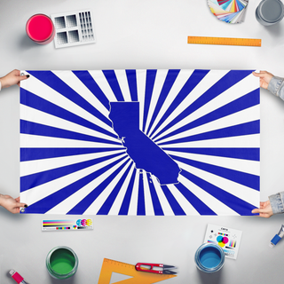A mockup of the custom flag 'CA flag' held up on a table during print checking
