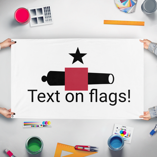 A mockup of the custom flag 'test flag' held up on a table during print checking