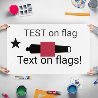 A mockup of the custom flag 'test flag' held up on a table during print checking