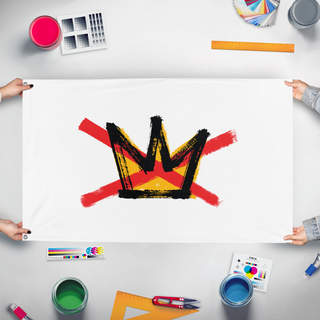A mockup of the custom flag 'No Kings logo flag' held up on a table during print checking