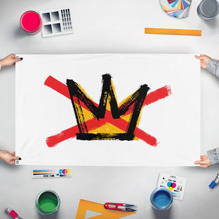 A mockup of the custom flag 'No Kings flag' held up on a table during print checking