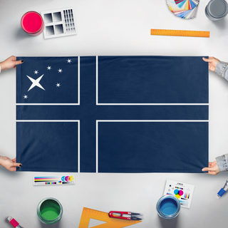 A mockup of the custom flag 'Norzsidian flag' held up on a table during print checking