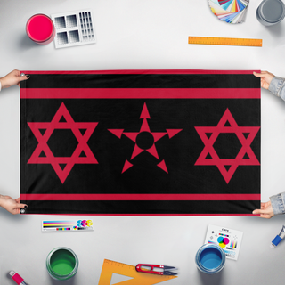 A mockup of the custom flag 'anarchist Isreal  flag' held up on a table during print checking