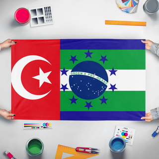 A mockup of the custom flag 'Grand american Union alliance' held up on a table during print checking