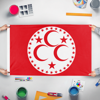 A mockup of the custom flag 'Ottoman Republic flag' held up on a table during print checking