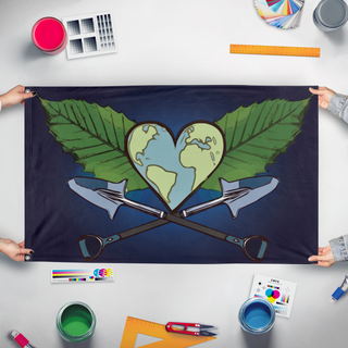 A mockup of the custom flag 'AJM flag' held up on a table during print checking