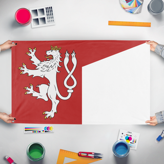 A mockup of the custom flag 'Kingdom Of Bohemia  flag' held up on a table during print checking