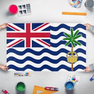 A mockup of the custom flag 'Flag of British Indian Ocean Territory' held up on a table during print checking