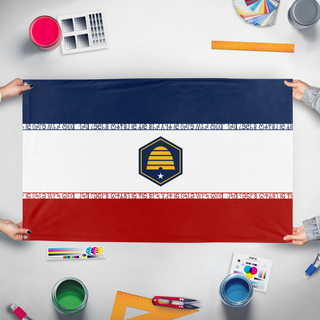 A mockup of the custom flag 'Utah Flag in Style of Iran' held up on a table during print checking