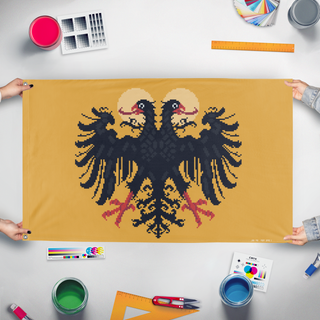 A mockup of the custom flag 'Pixel Art Roman Empire flag' held up on a table during print checking