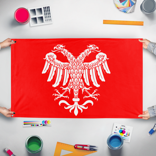 A mockup of the custom flag 'Heraldic Double-Headed Eagle flag' held up on a table during print checking