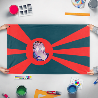 A mockup of the custom flag 'JaboNation flag' held up on a table during print checking