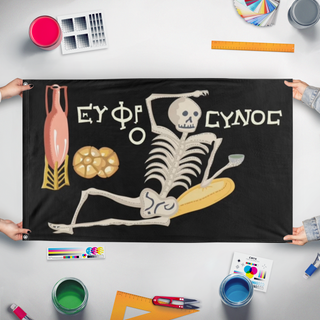A mockup of the custom flag 'YOLO flag' held up on a table during print checking