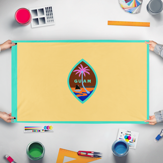 A mockup of the custom flag 'Evil Guam Flag' held up on a table during print checking