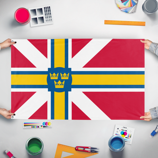 A mockup of the custom flag 'Scandinavian Commonwealth flag' held up on a table during print checking