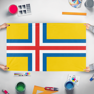 A mockup of the custom flag 'United Scandinavia flag' held up on a table during print checking