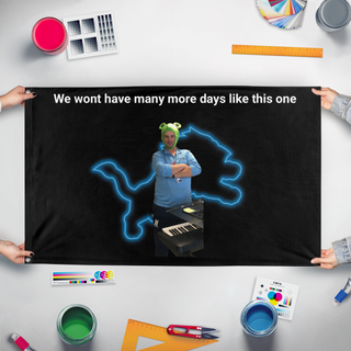 A mockup of the custom flag 'The Sliwinski flag' held up on a table during print checking