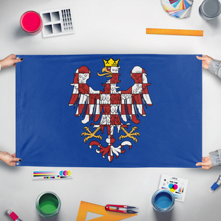 A mockup of the custom flag 'Moravia  flag' held up on a table during print checking