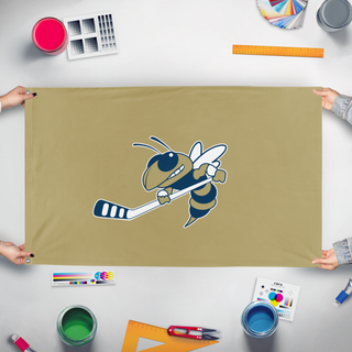 A mockup of the custom flag 'e flag' held up on a table during print checking