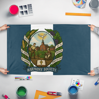 A mockup of the custom flag 'Harmony Society flag' held up on a table during print checking