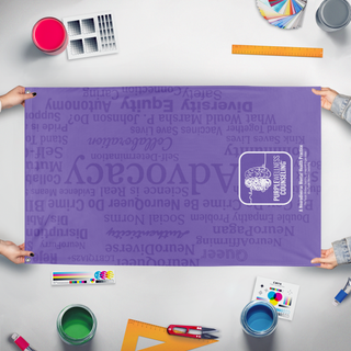 A mockup of the custom flag 'PracticeFlag3' held up on a table during print checking
