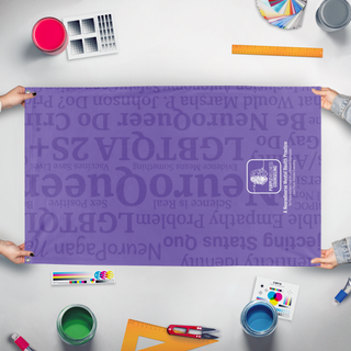 A mockup of the custom flag 'Final-maybe flag' held up on a table during print checking