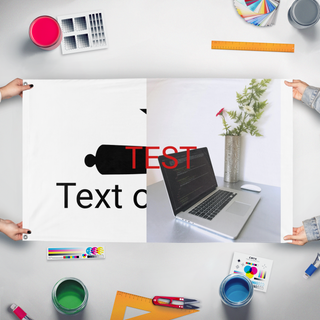 A mockup of the custom flag 'TEST flag' held up on a table during print checking