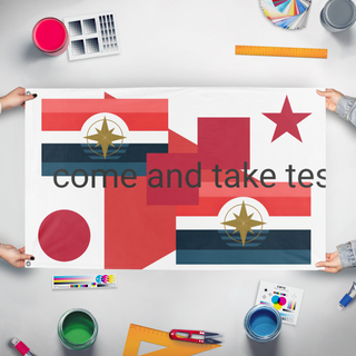 A mockup of the custom flag 'test flag' held up on a table during print checking