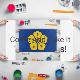 A mockup of the custom flag 'test flag' held up on a table during print checking