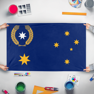 A mockup of the custom flag 'Sandania National Flag' held up on a table during print checking