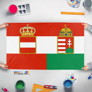 A mockup of the custom flag 'Austria Hungary  flag' held up on a table during print checking